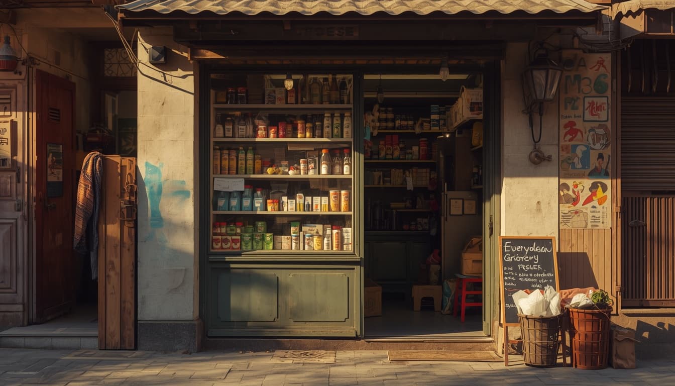 small corner grocer doorway with a few everyday goods