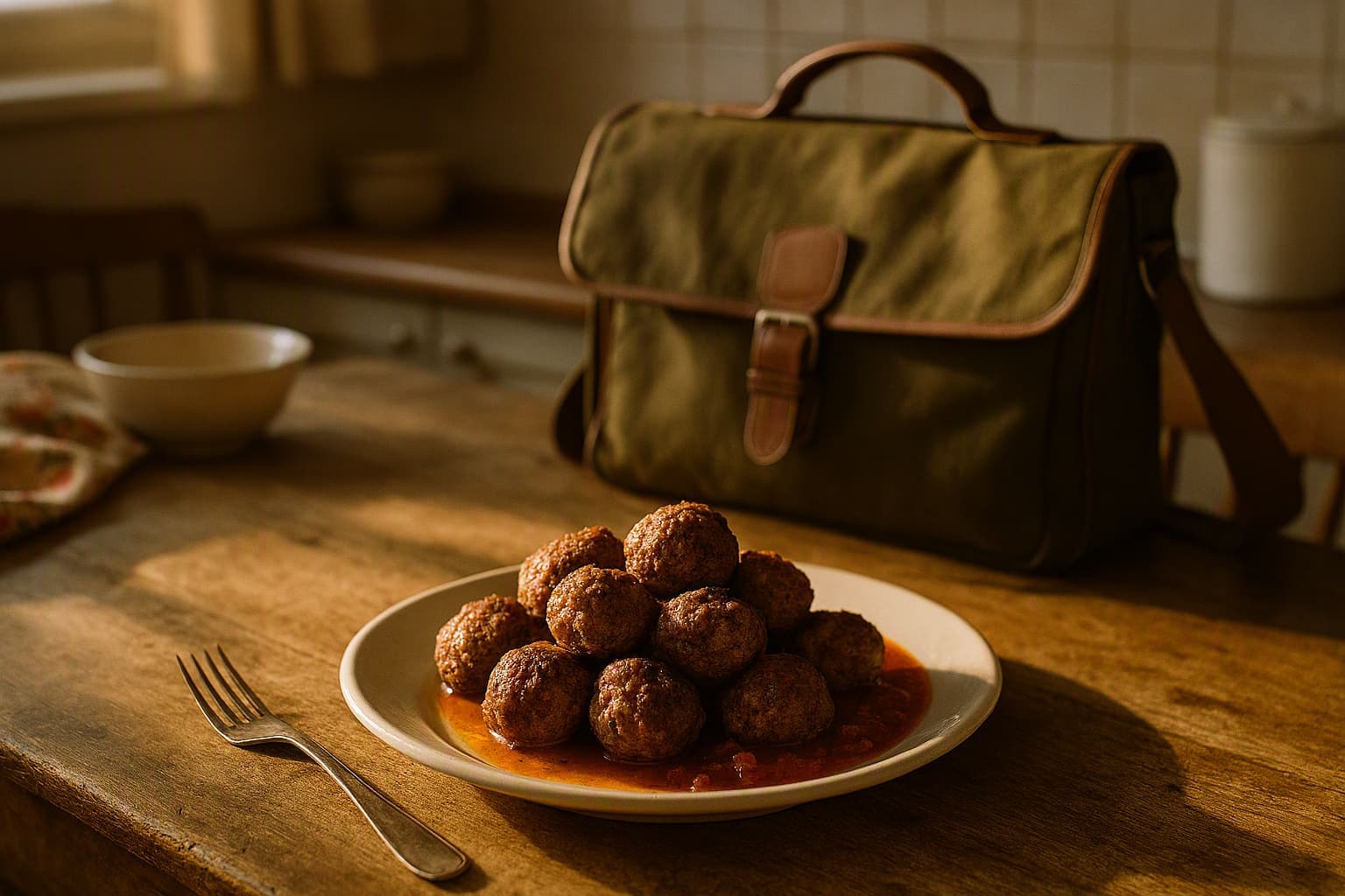 mother’s meatballs on an old family kitchen table, school bag nearby, warm afternoon light