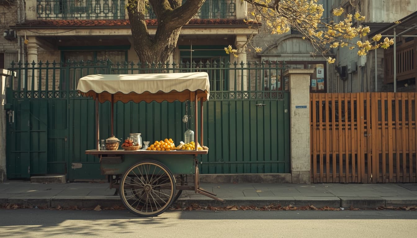street vendor’s modest cart in a bright spring neighbourhood