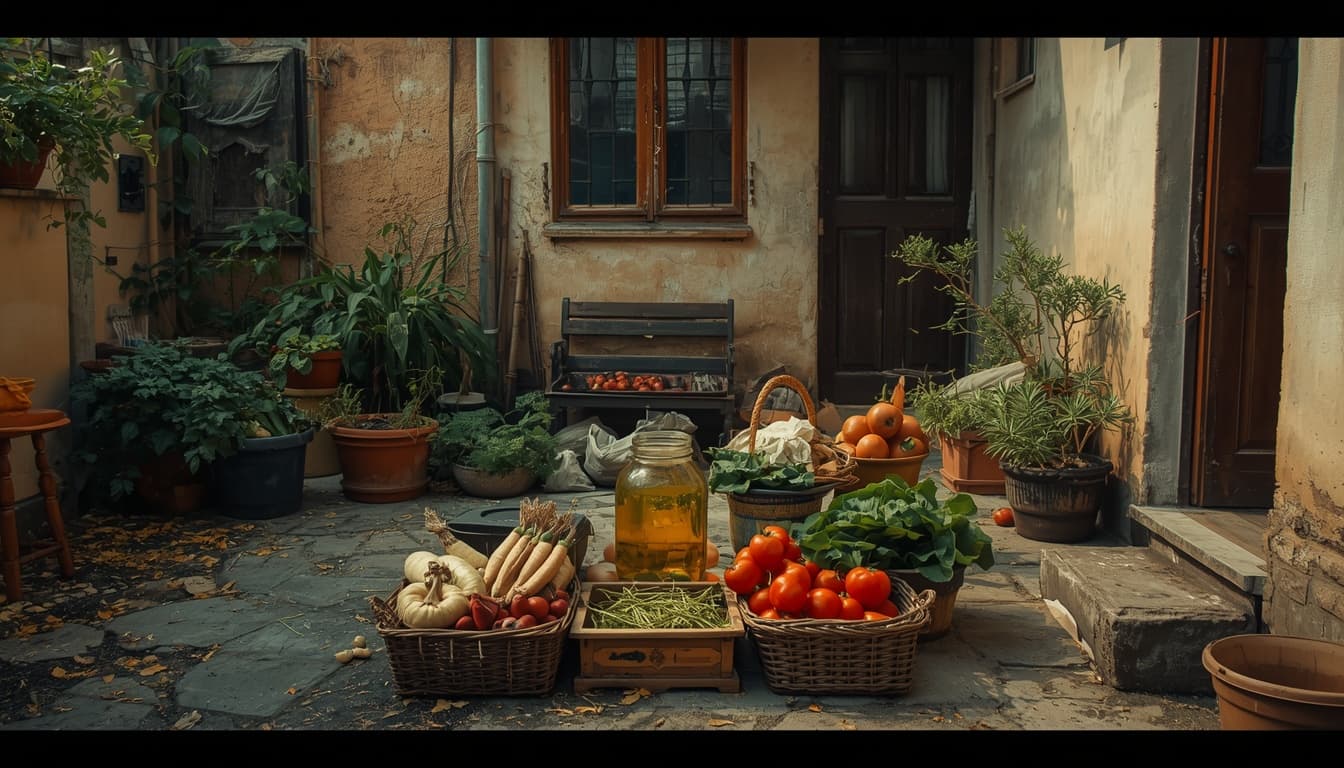 jars and vegetables prepared together in an apartment courtyard