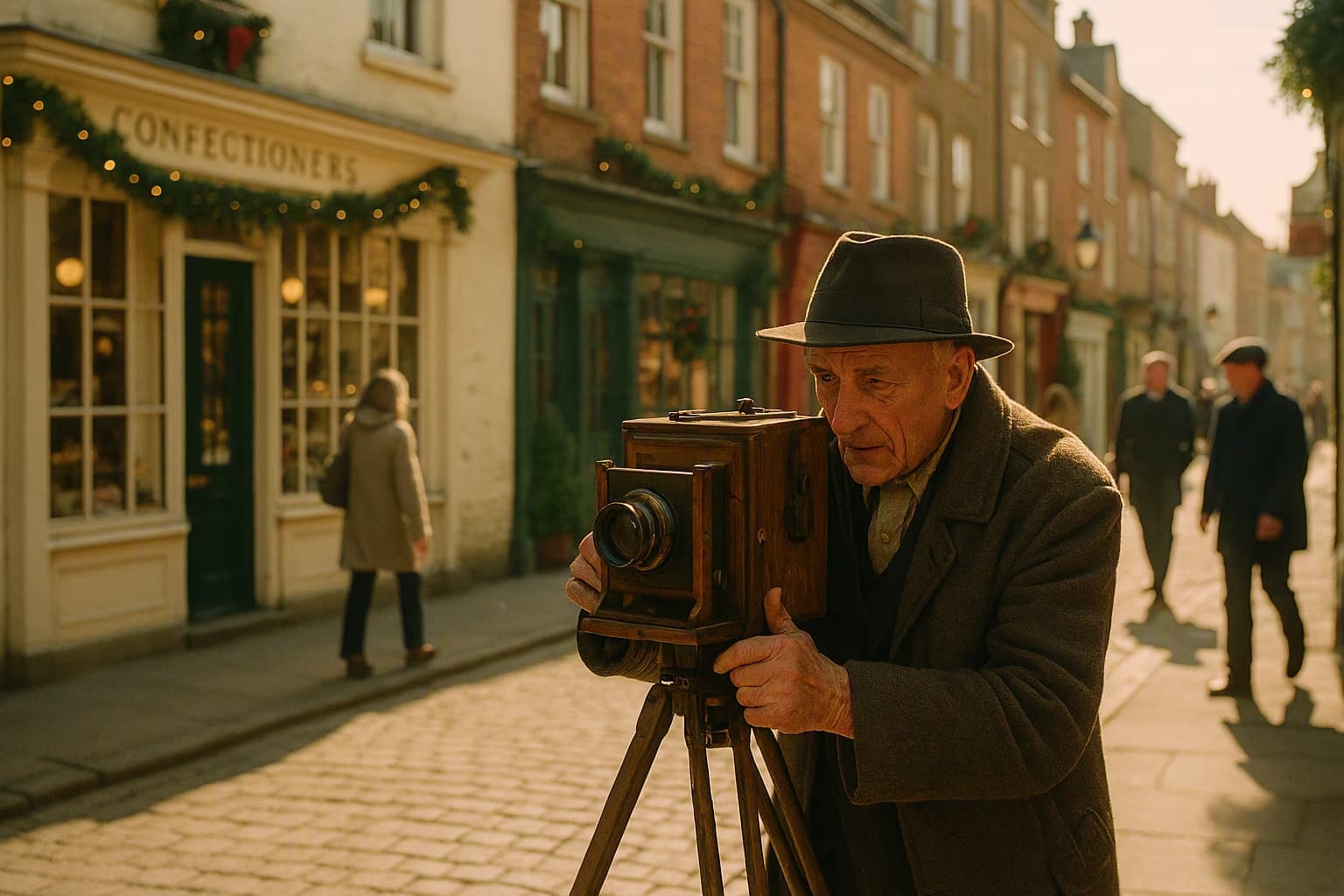 An old city photographer with a vintage camera on a bright nostalgic street