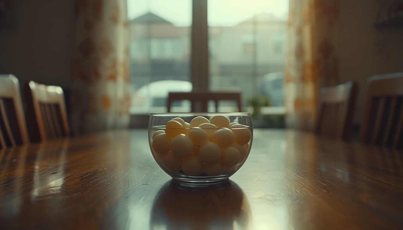 glass bowl of pelte waiting at the centre of a family table