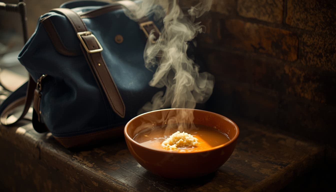 steaming bowl of tarhana soup beside a school bag