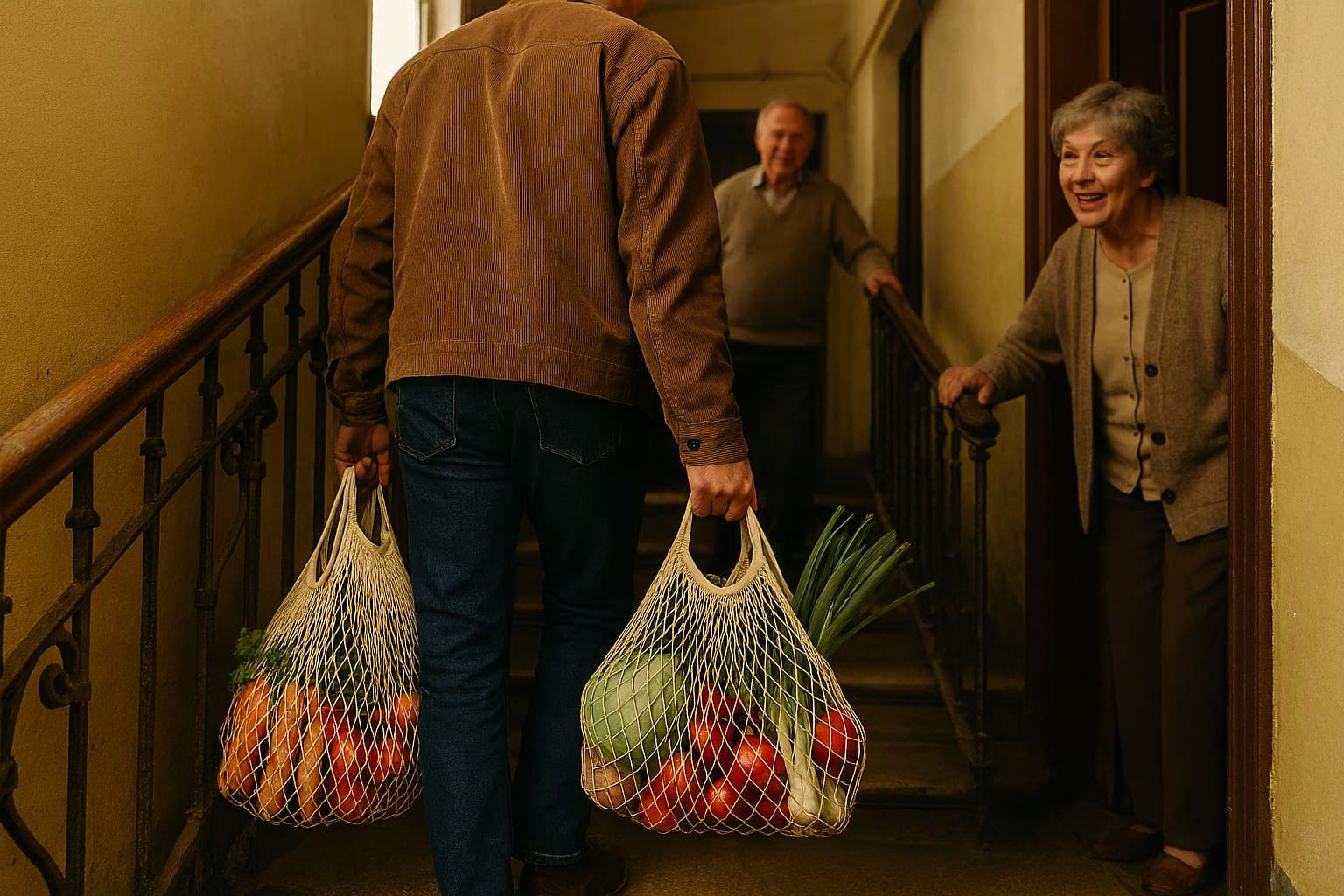 Full mesh market bags with vegetables in an old apartment stairway