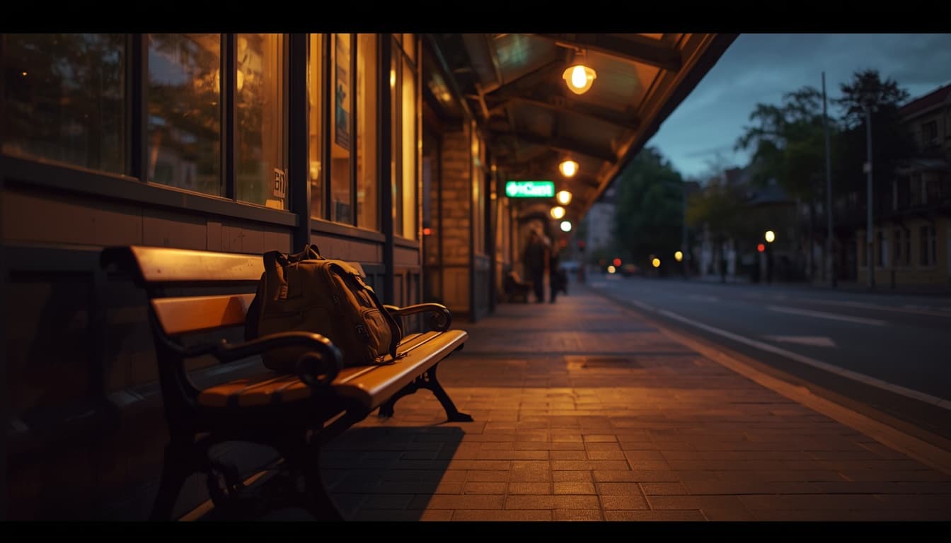 bus terminal bench with a travel bag under warm evening lights