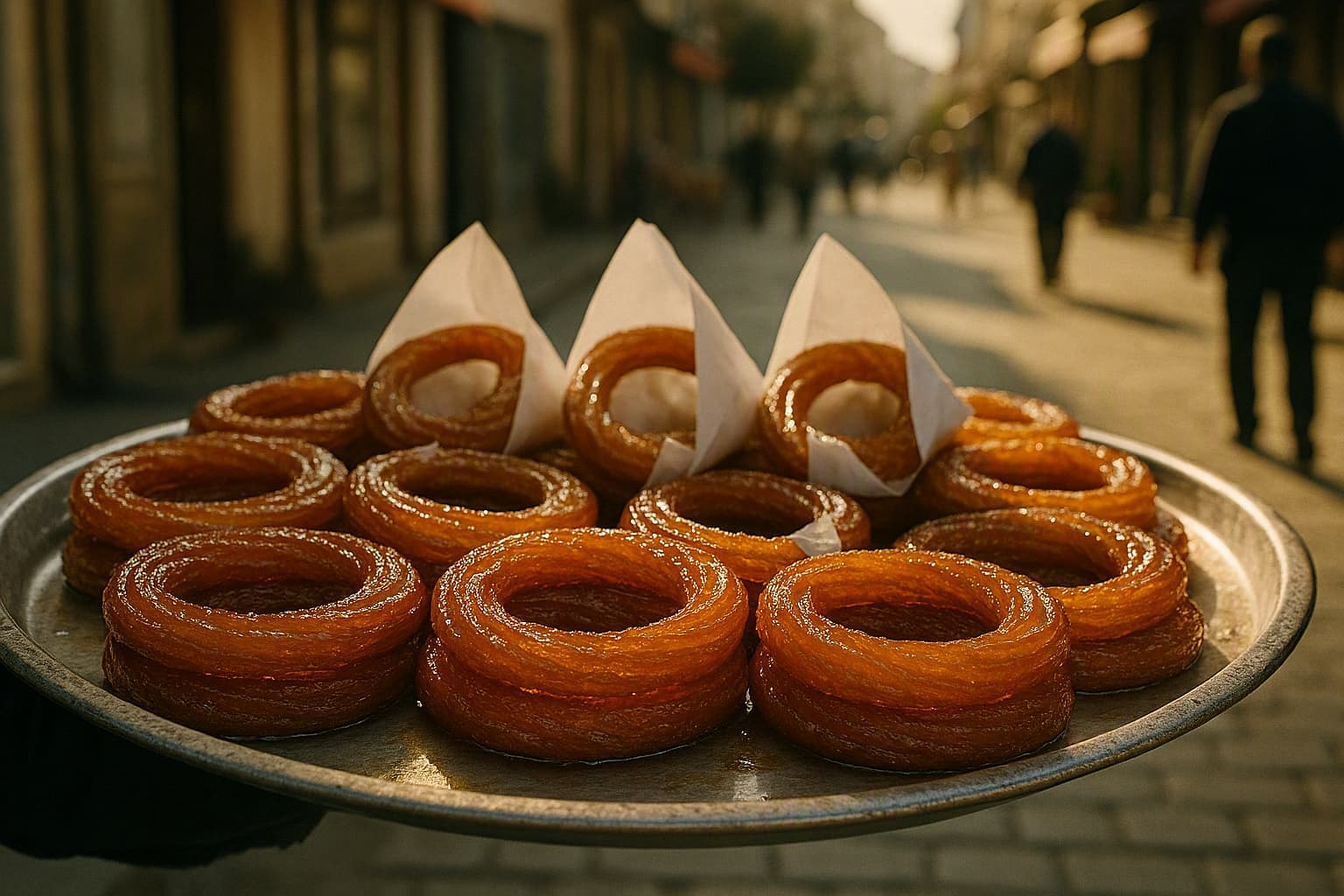 Halka dessert rings shining with syrup on a nostalgic street vendor tray