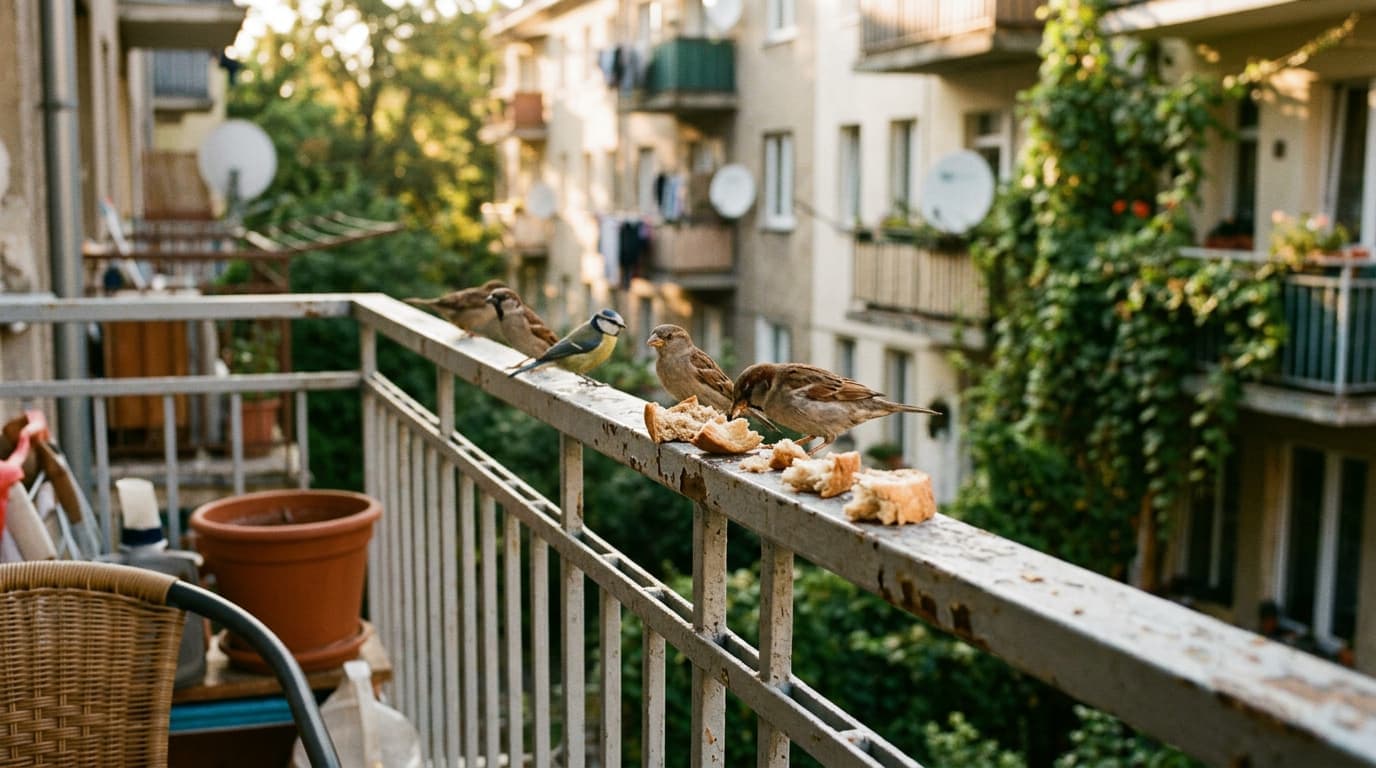 small bread pieces on a balcony rail with birds nearby