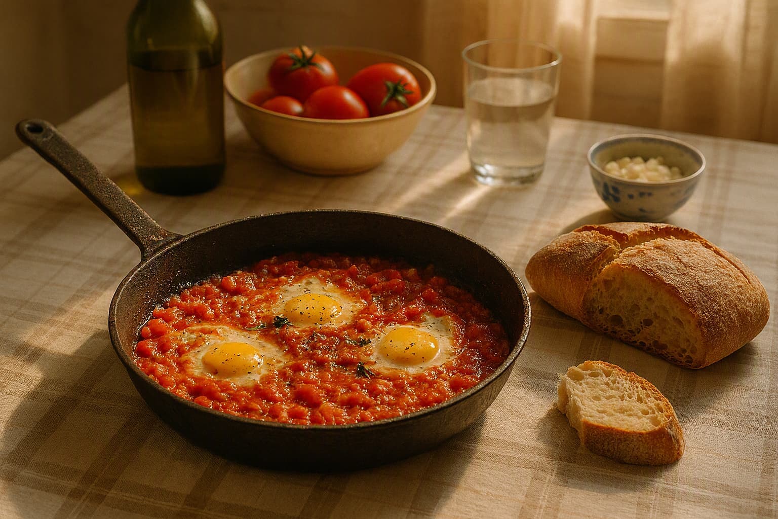 Tomato menemen in an old pan with bread on a nostalgic family kitchen table