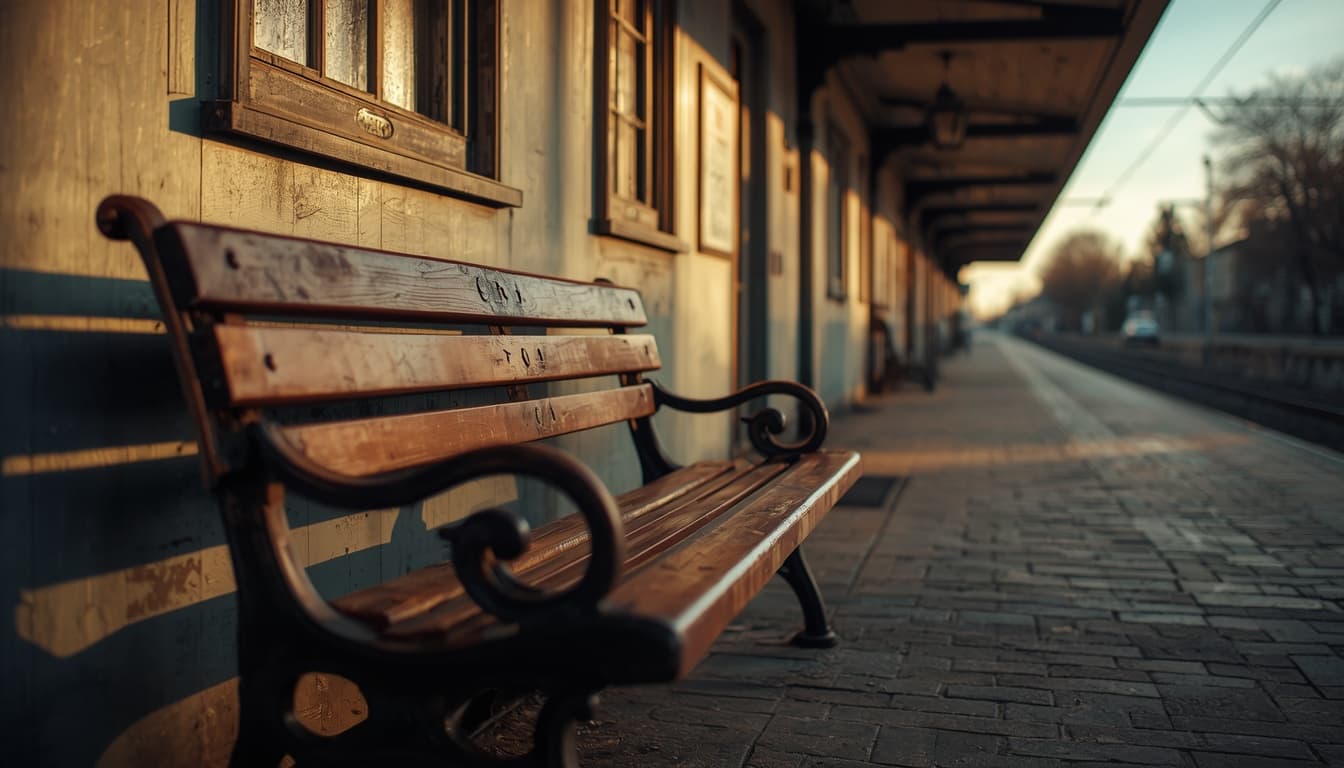 weathered station bench on a quiet small-town platform