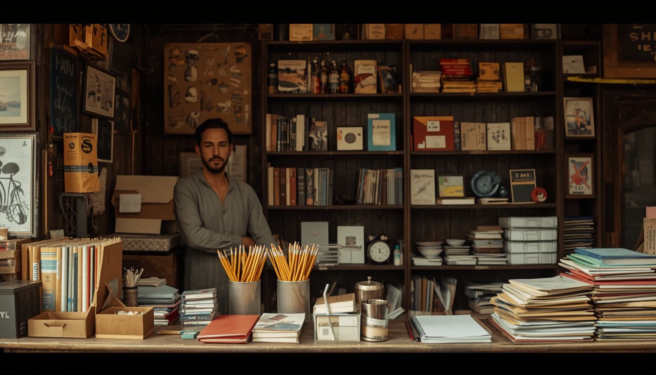 small stationery shop counter with pencils, notebooks, and paper