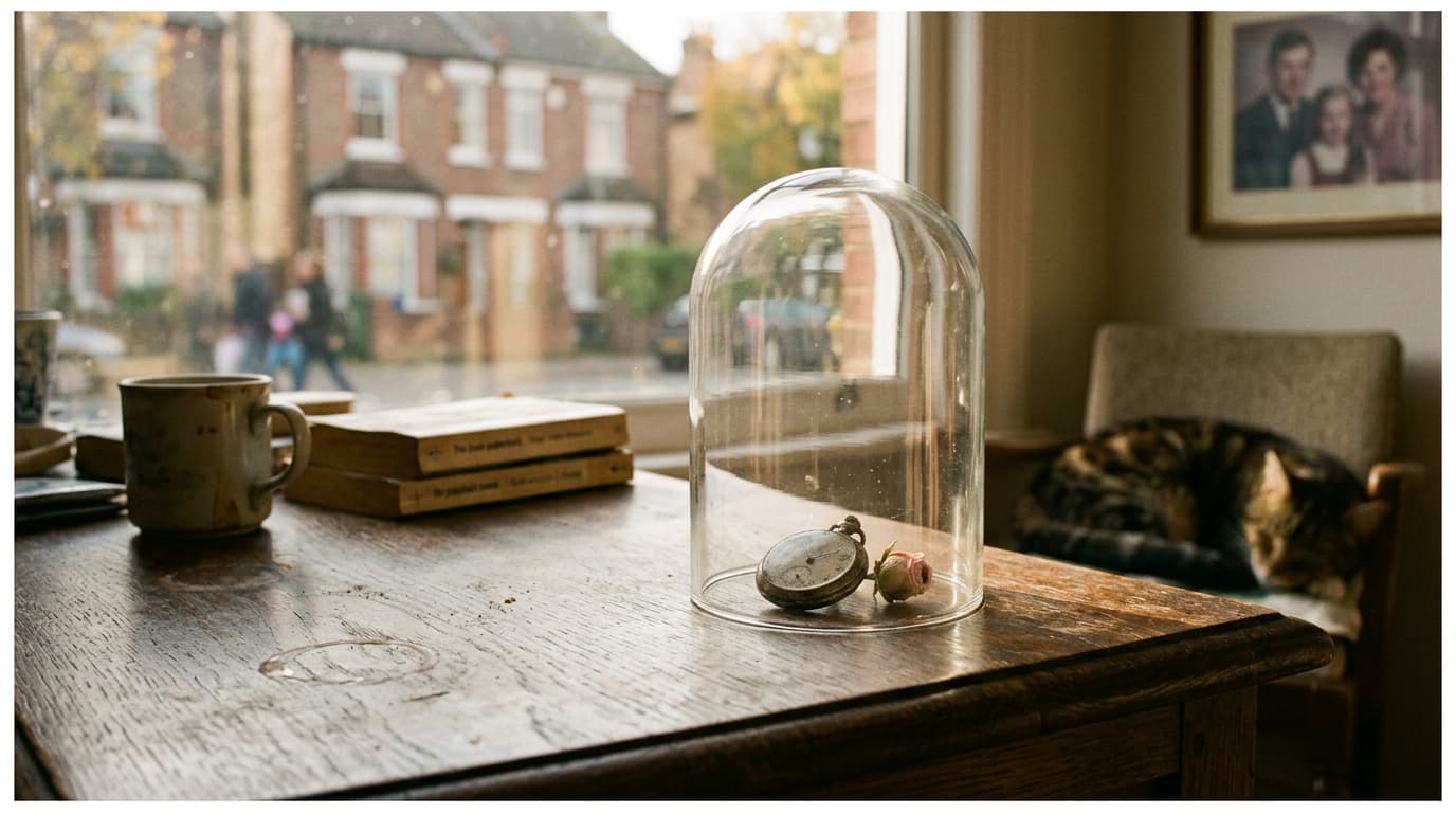 glass dome protecting a small keepsake on a wooden sideboard