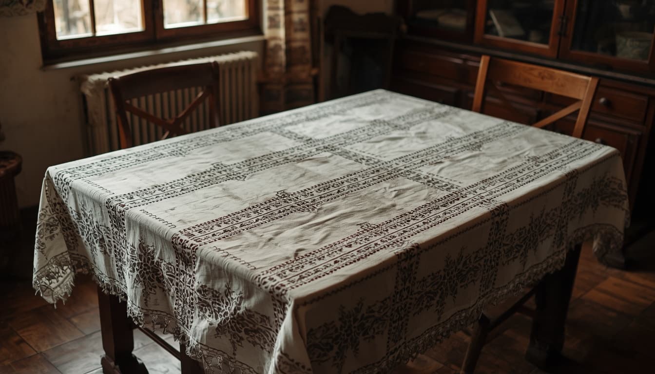 openwork tablecloth spread across a well-used family table