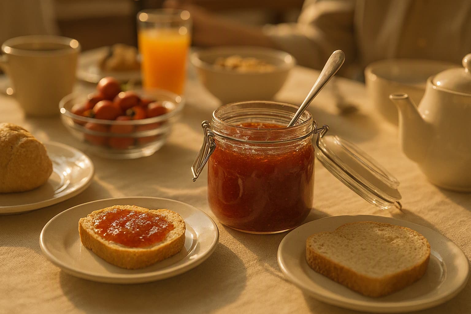 rosehip marmalade in a glass jar on a crowded family breakfast table, warm morning light