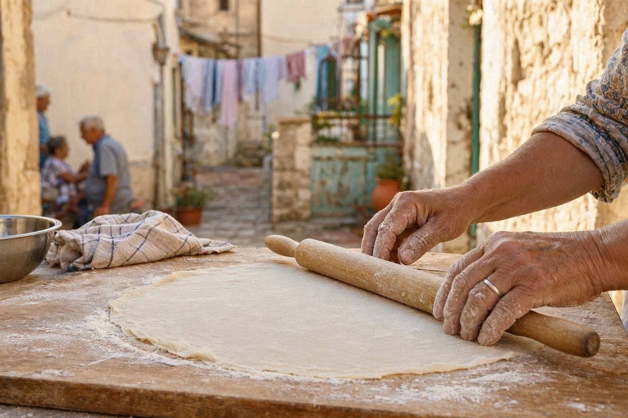 hands rolling yufka dough in a sunlit courtyard