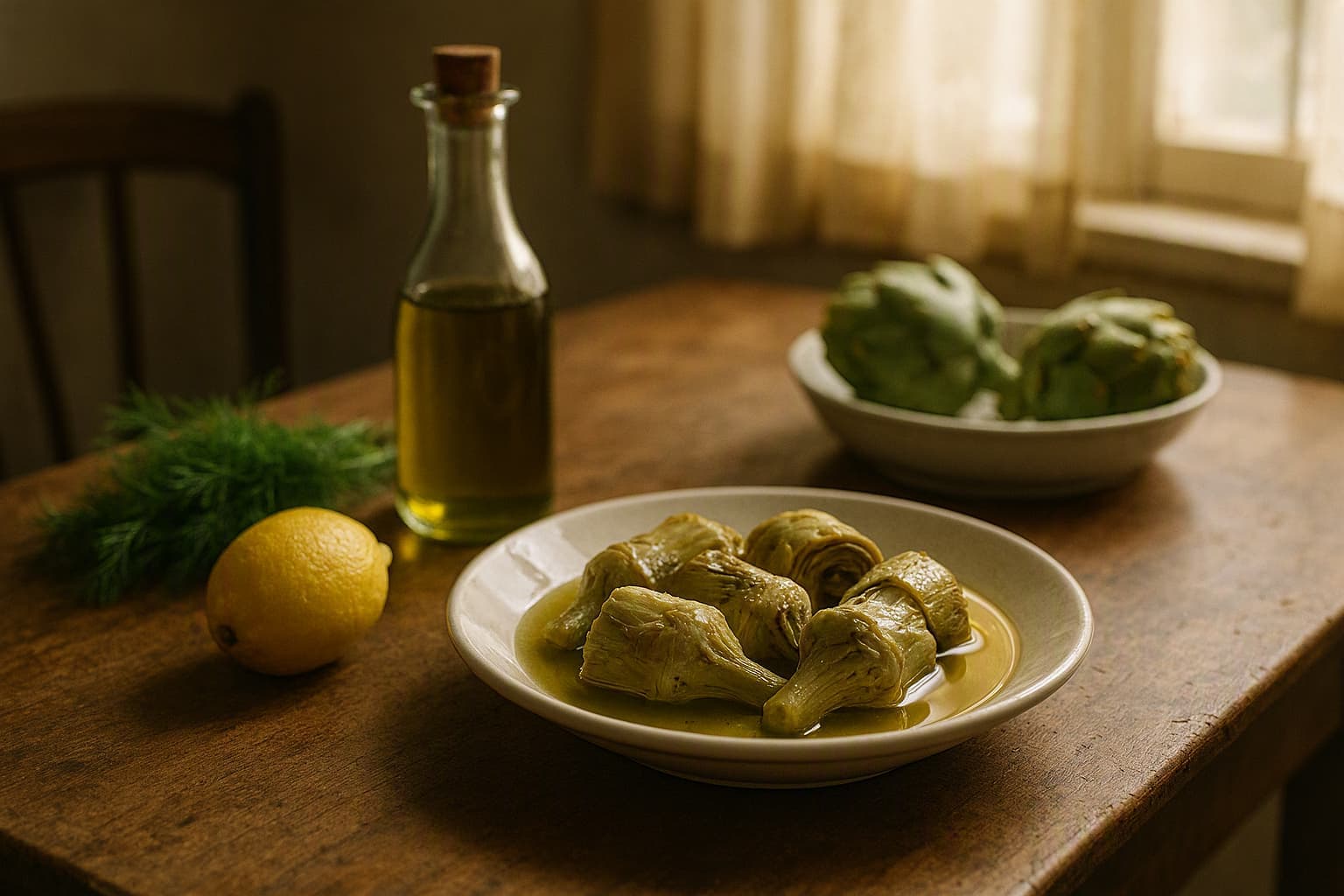 olive oil artichokes on an old family table, lemon, dill, soft kitchen light