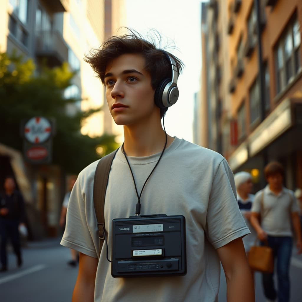 Person walking through the city with a vintage Walkman on a late summer day