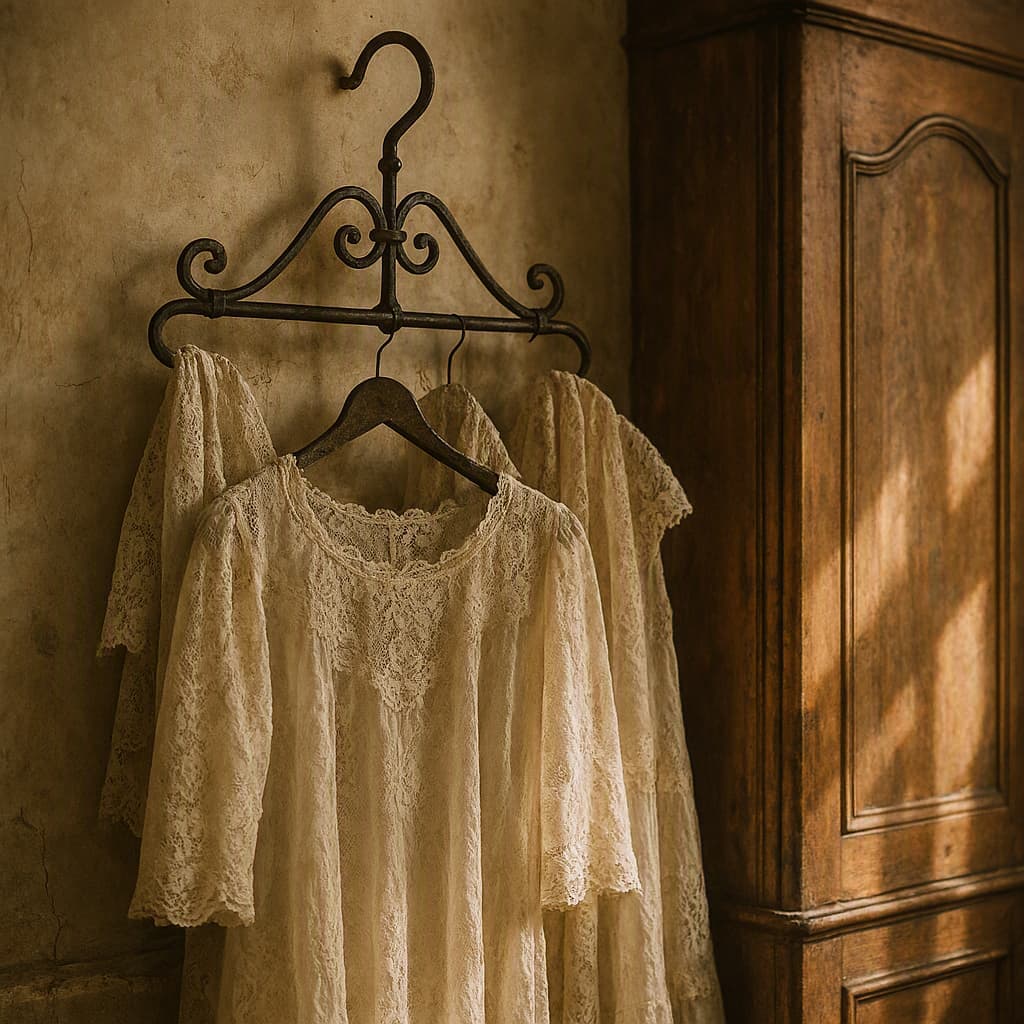 A wrought-iron hanger in an old dowry room with lace garments