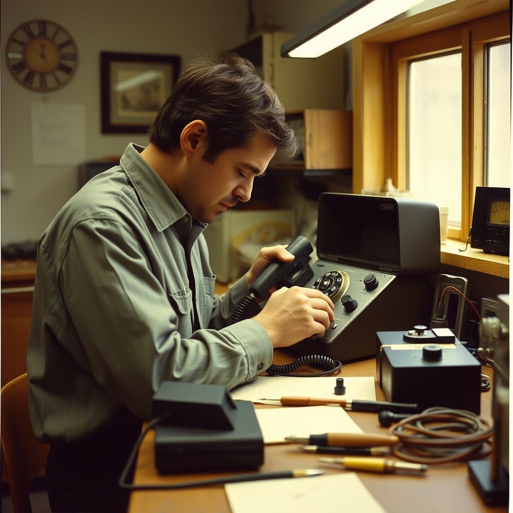 A repairer restoring a rotary telephone at a small workshop bench.