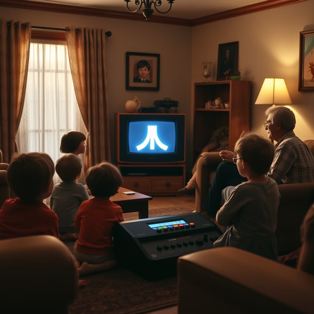 A vintage Atari console in a family living room with people gathered around