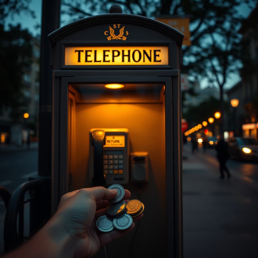 An old street telephone booth glowing at dusk with a hand holding coins