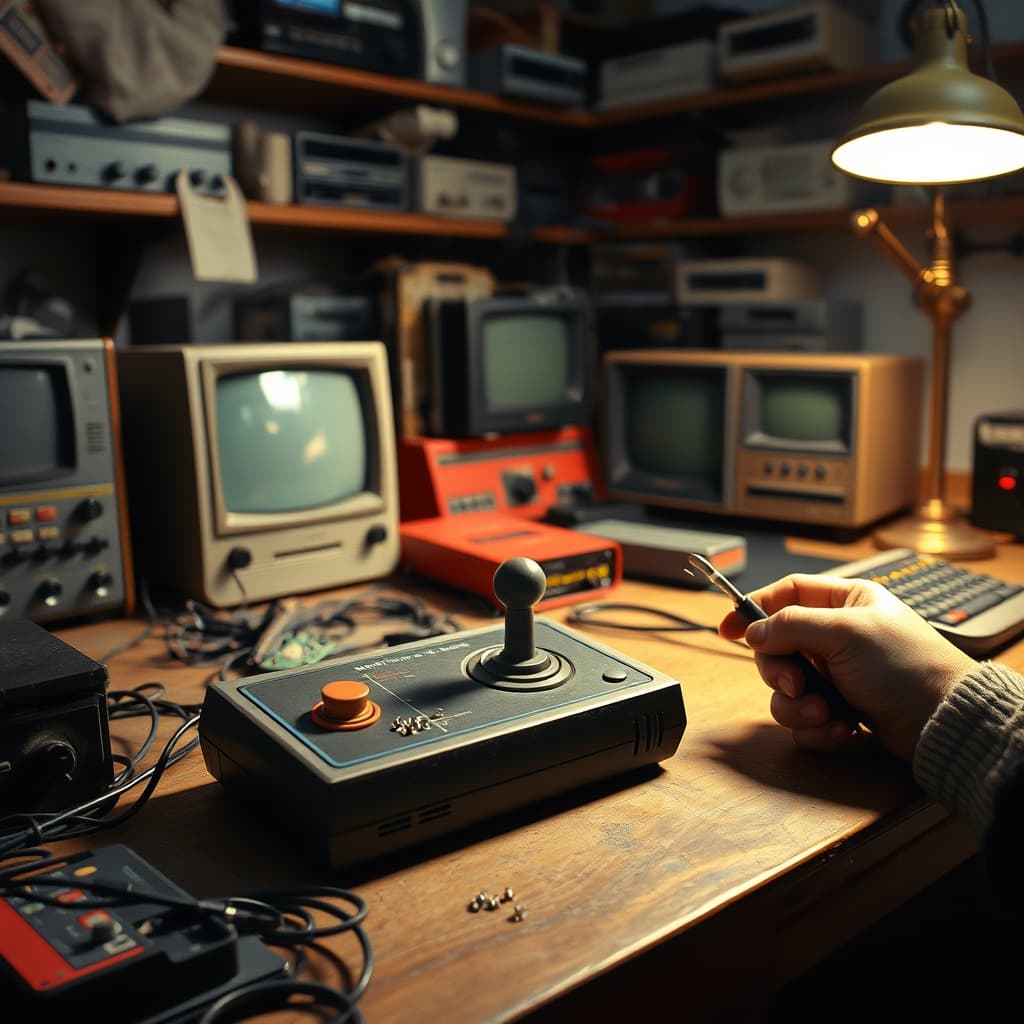An old joystick being repaired on a nostalgic electronics workbench