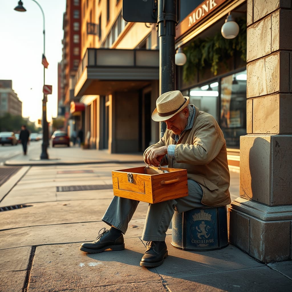 A shoe shiner waiting at an old city street corner with a wooden polish box