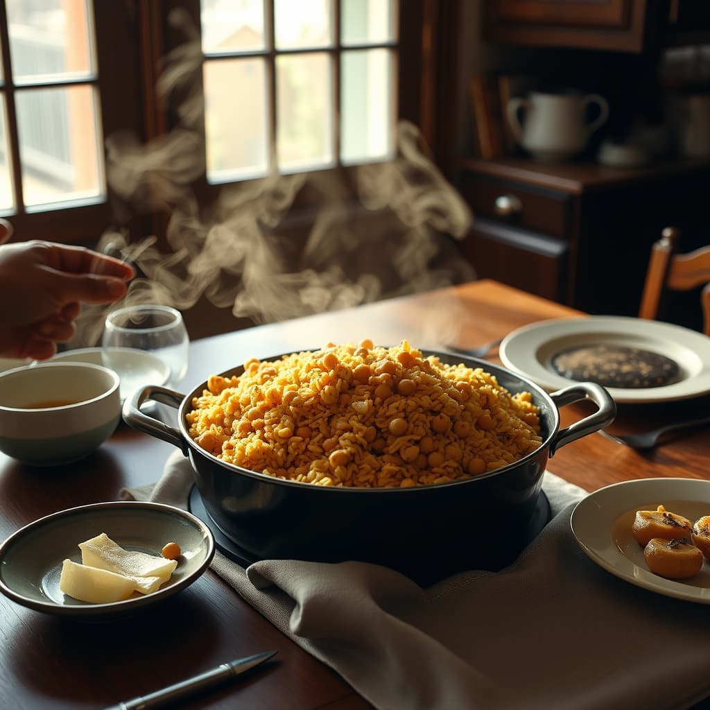 Steaming chickpea rice being served at a warm family table.