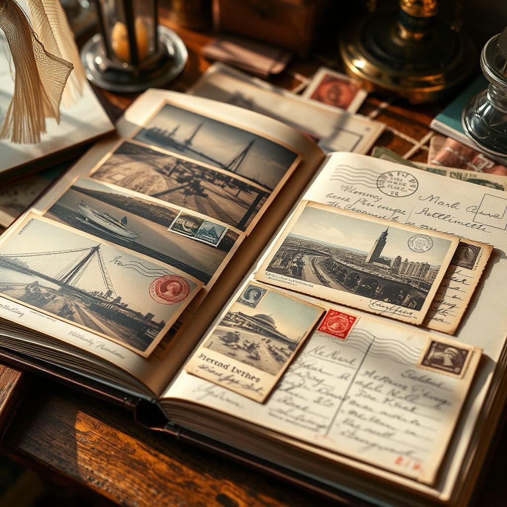 Open postcard album with faded old postcards and handwritten notes