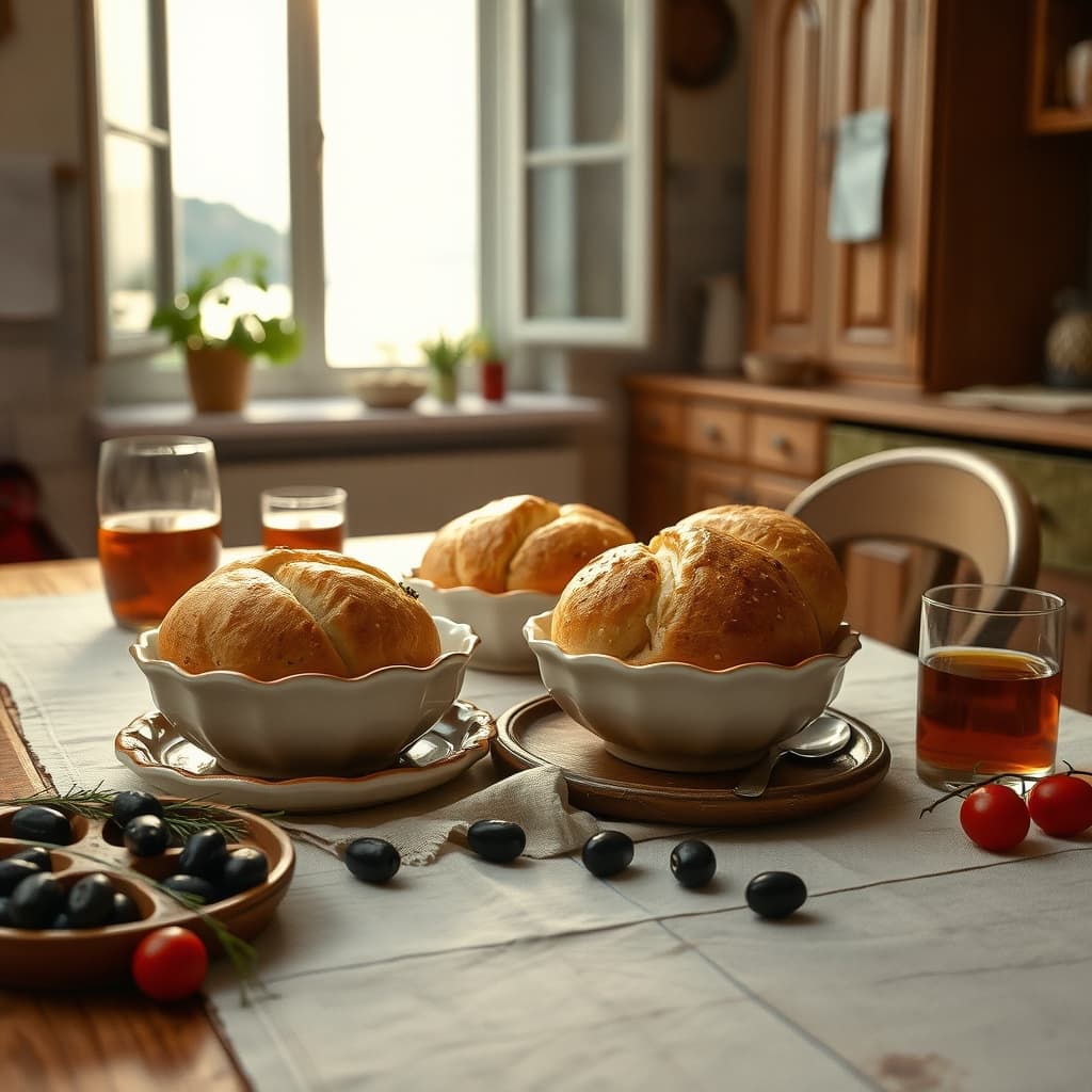 Fresh olive bread on a nostalgic spring family table in an old home kitchen