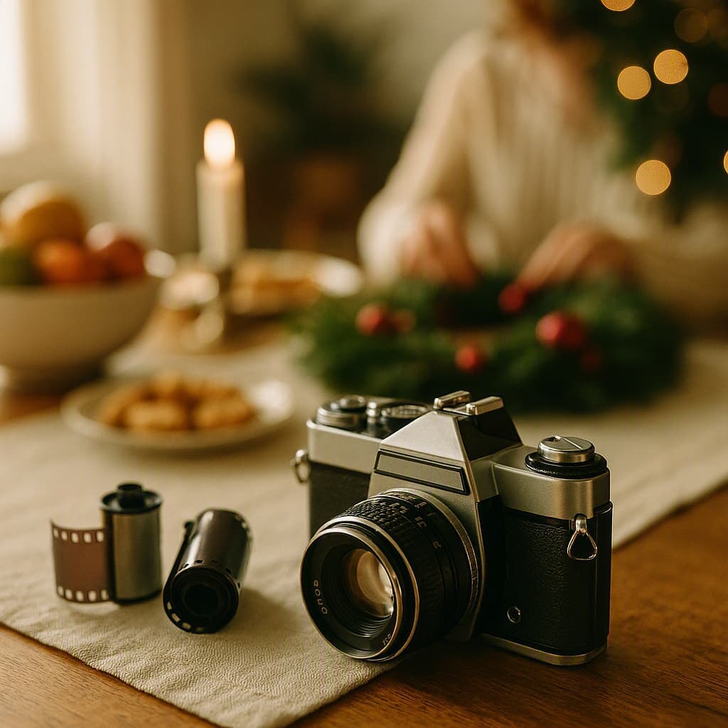 A vintage film camera with rolls of film on a nostalgic family table