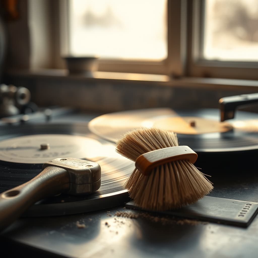 A vintage record cleaning brush resting beside an old vinyl record