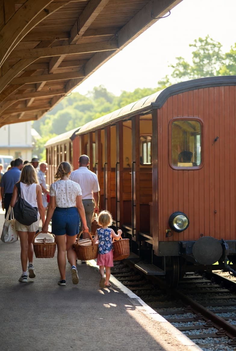 Families boarding an old picnic train with baskets on a sunny railway platform