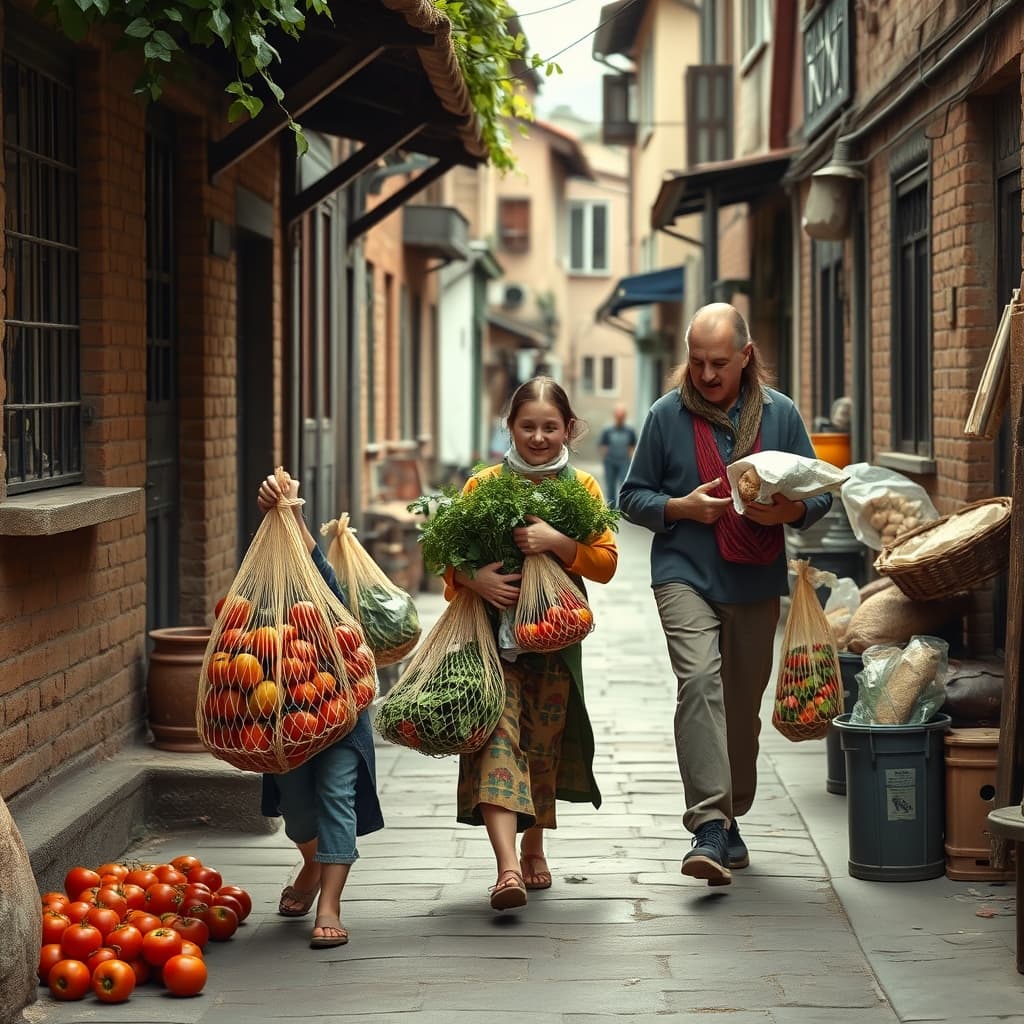 Family carrying full market bags through an old neighborhood street