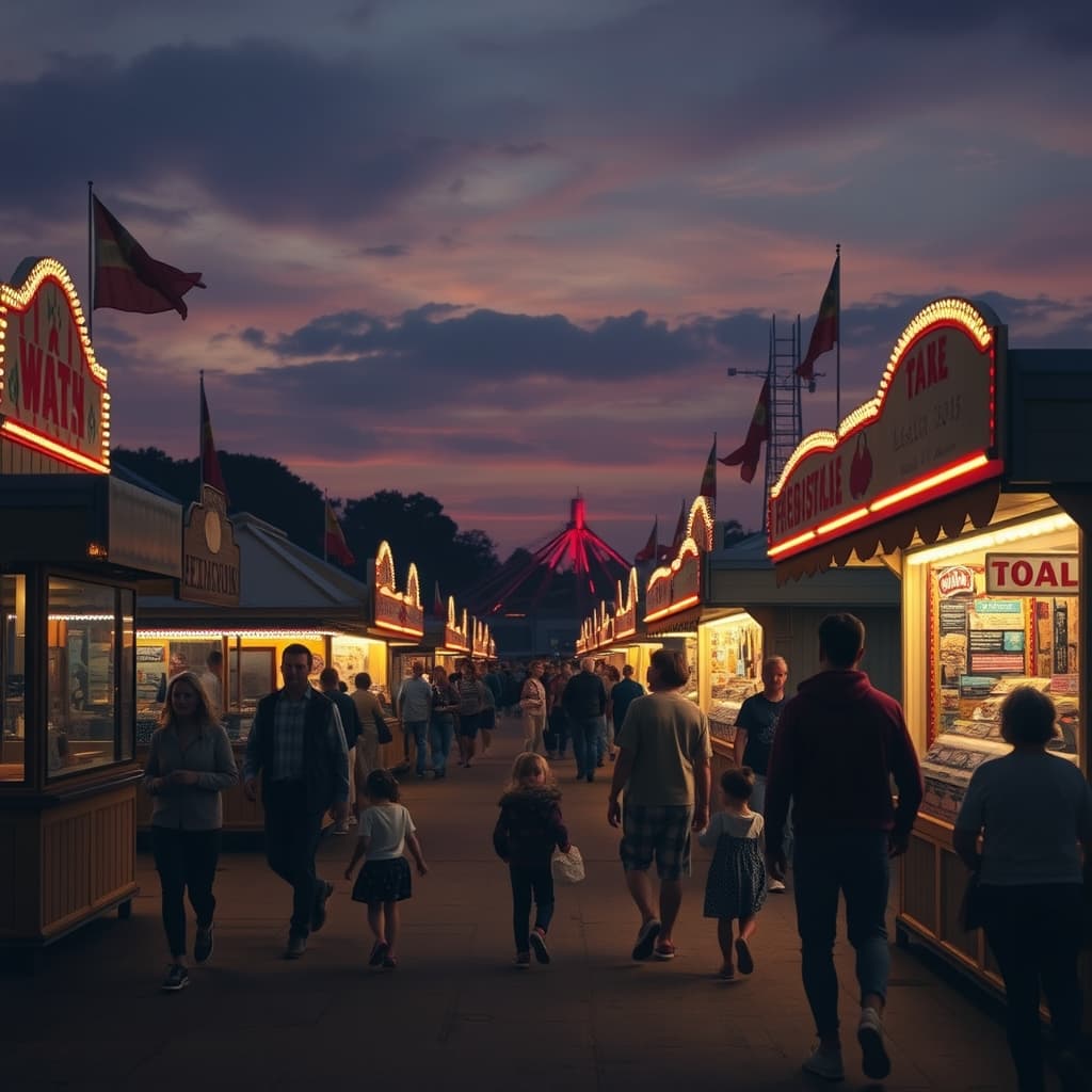 Families walking through a nostalgic old fairground at summer dusk