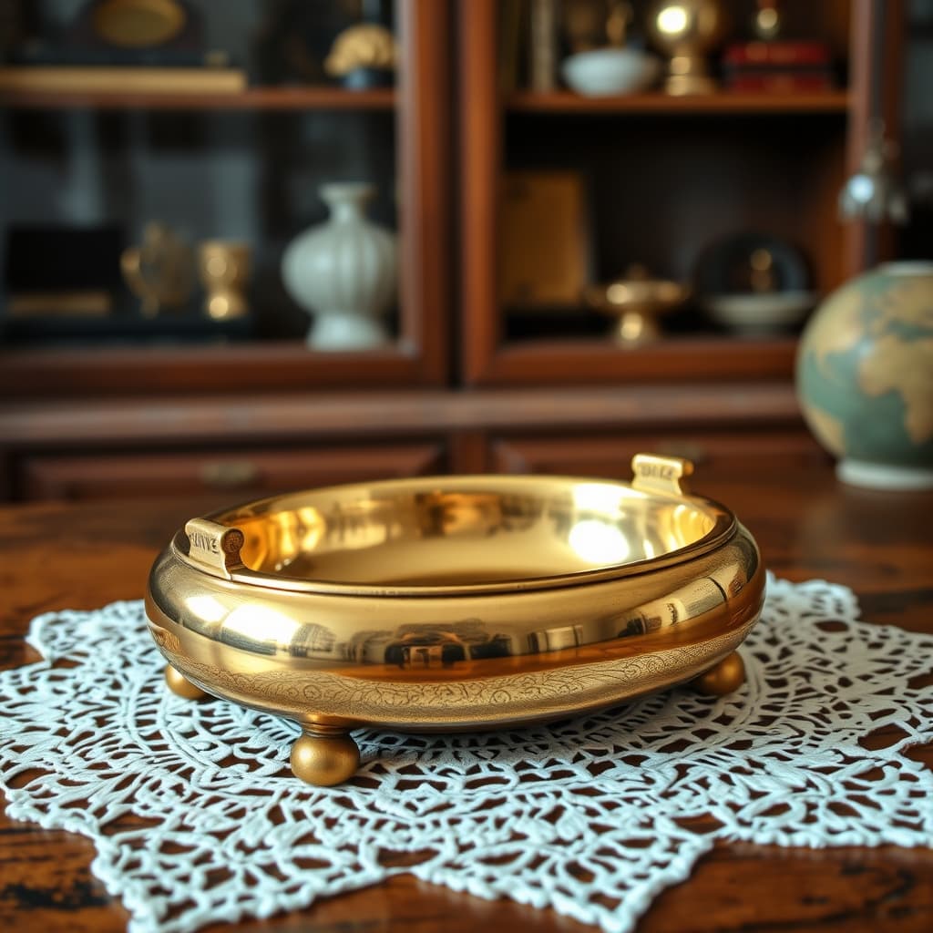 A polished brass ashtray on a nostalgic wooden coffee table