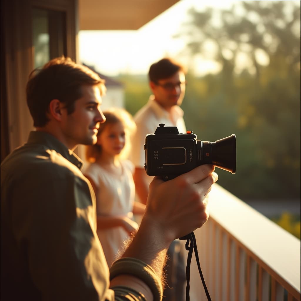 Family recording a memory with a vintage Super 8 camera in afternoon light