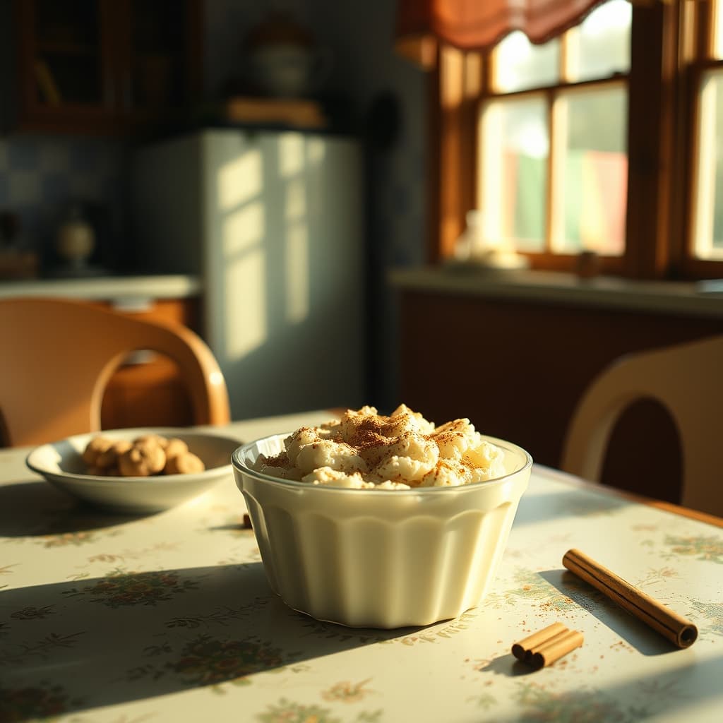 Cinnamon Rice Pudding and the Taste of Childhood in a realistic nostalgic editorial scene.