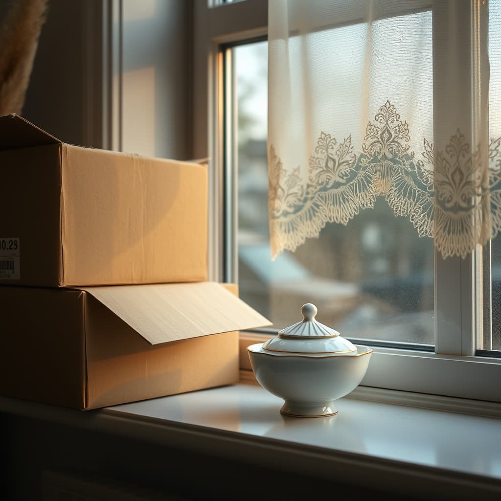 A porcelain sugar bowl on a windowsill beside moving boxes