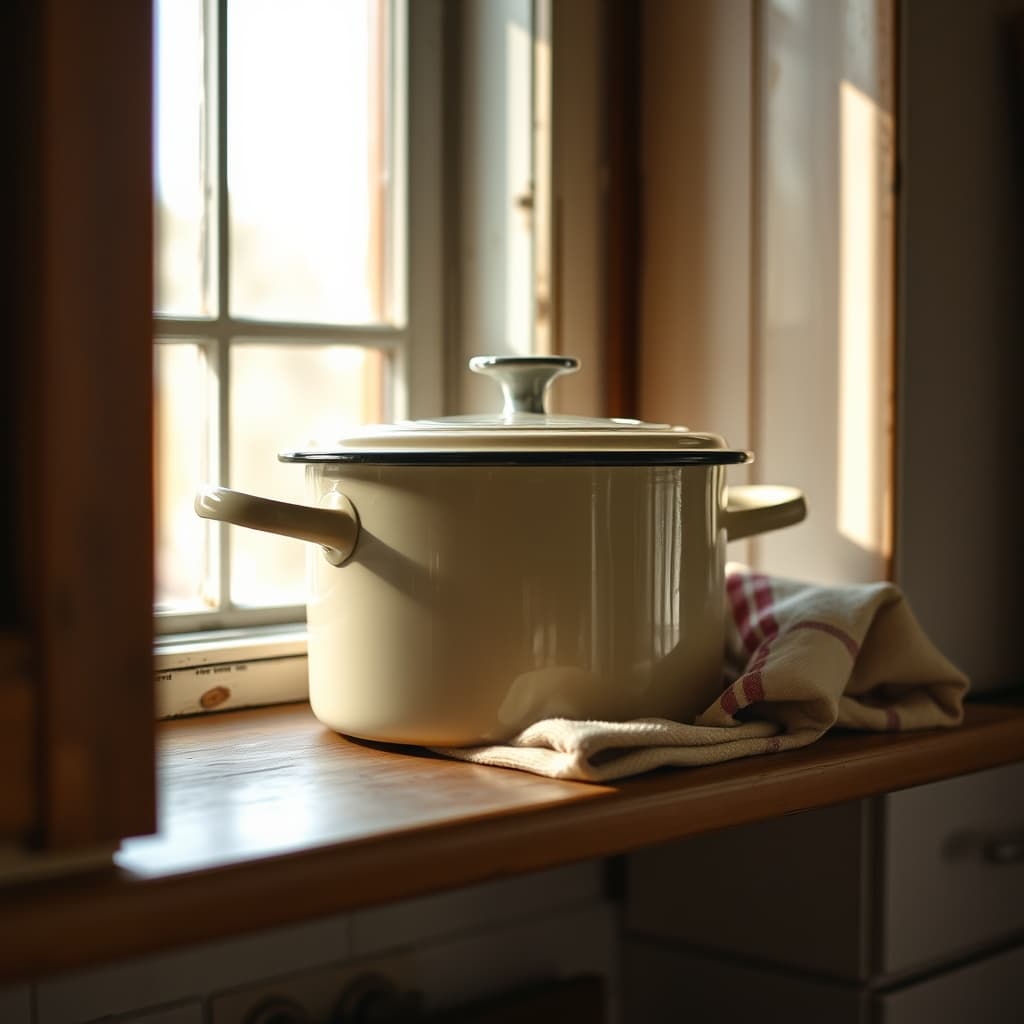 An old enamel pot resting on a nostalgic kitchen shelf