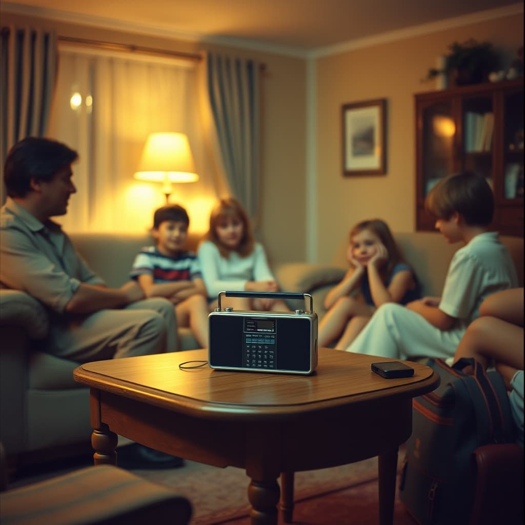 Pocket radio on a living room table as a family listens quietly