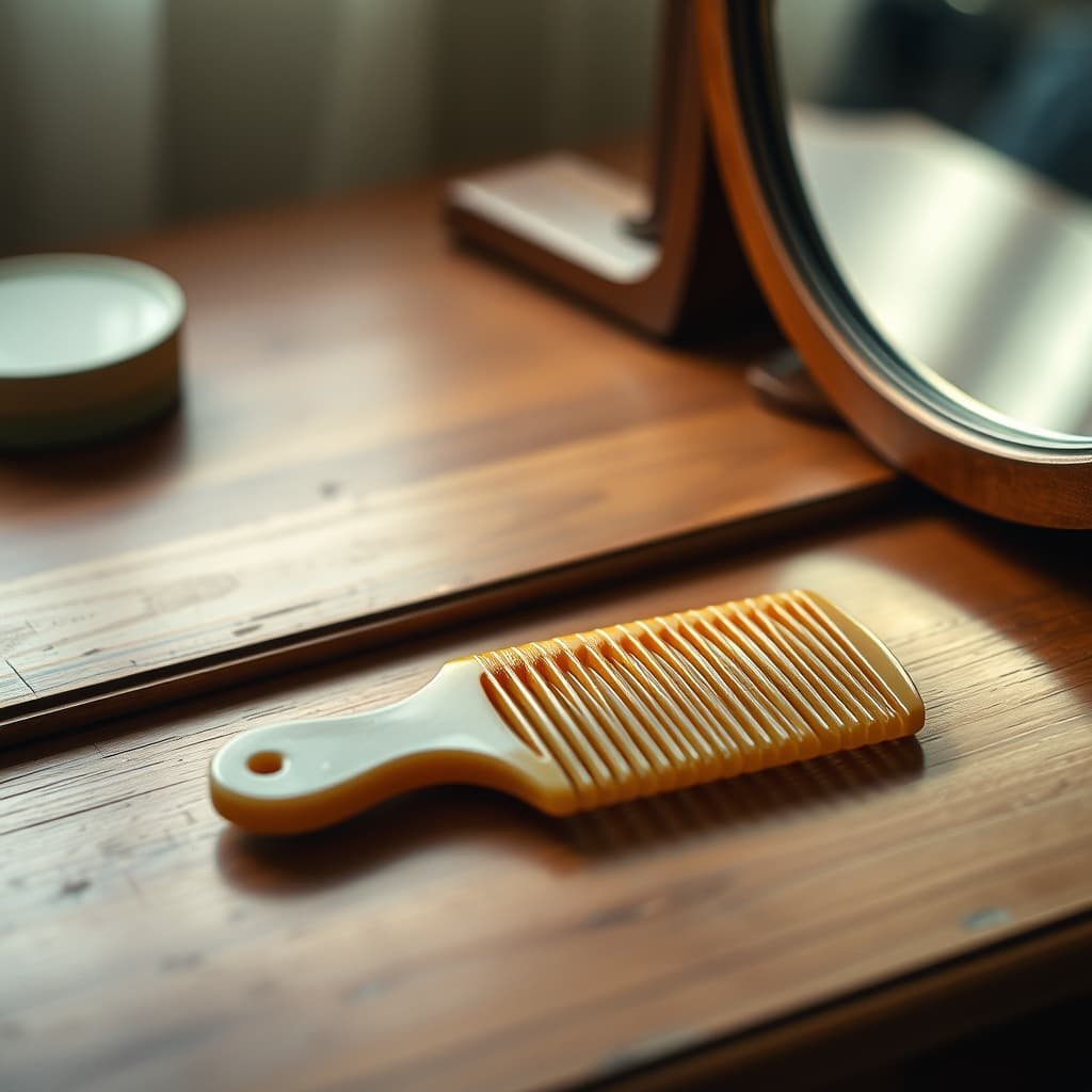 An old bakelite comb resting on a nostalgic wooden dressing table