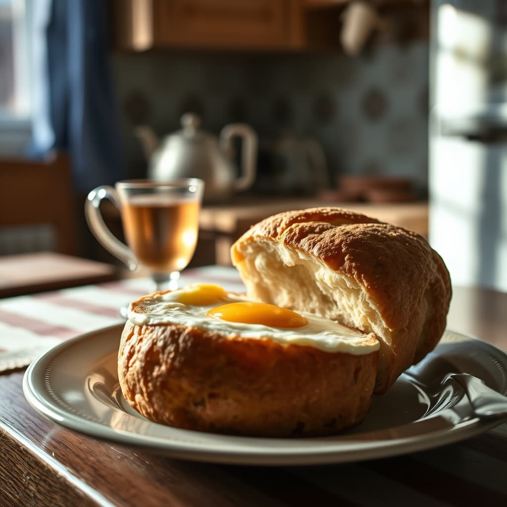 Egg bread on an old kitchen plate in soft dawn light