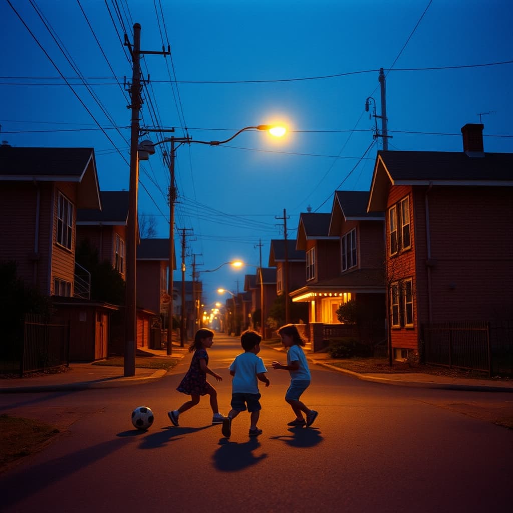 Games That Lasted Beneath the Streetlamp in a realistic nostalgic editorial scene.
