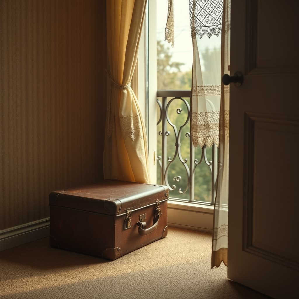 An old leather suitcase in the quiet corner of a grandmother's room