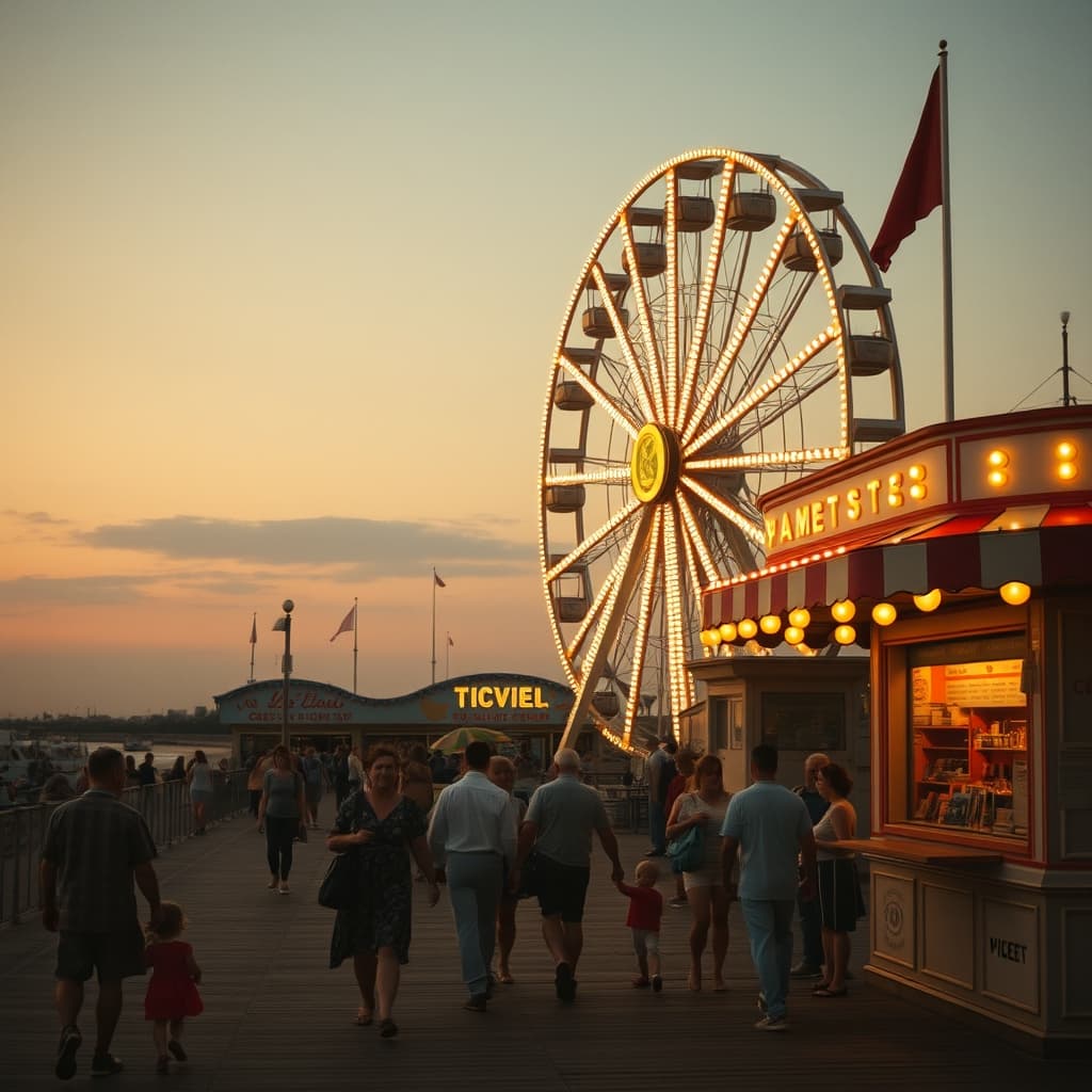 Old amusement park lights glowing on a holiday summer evening