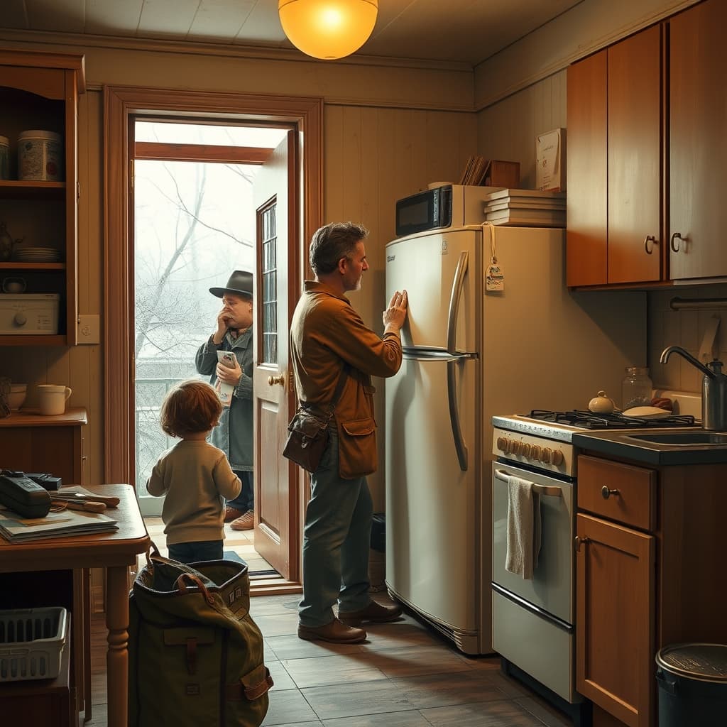 Refrigerator repairman working in an old city apartment kitchen