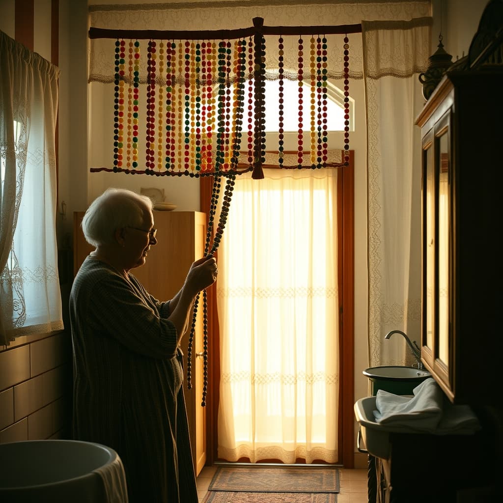 A nostalgic beaded curtain being cleaned before a holiday in an old family home