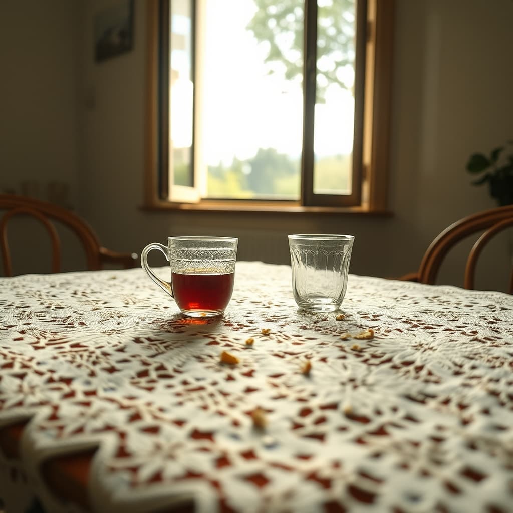Openwork tablecloth on a nostalgic family table in late summer light
