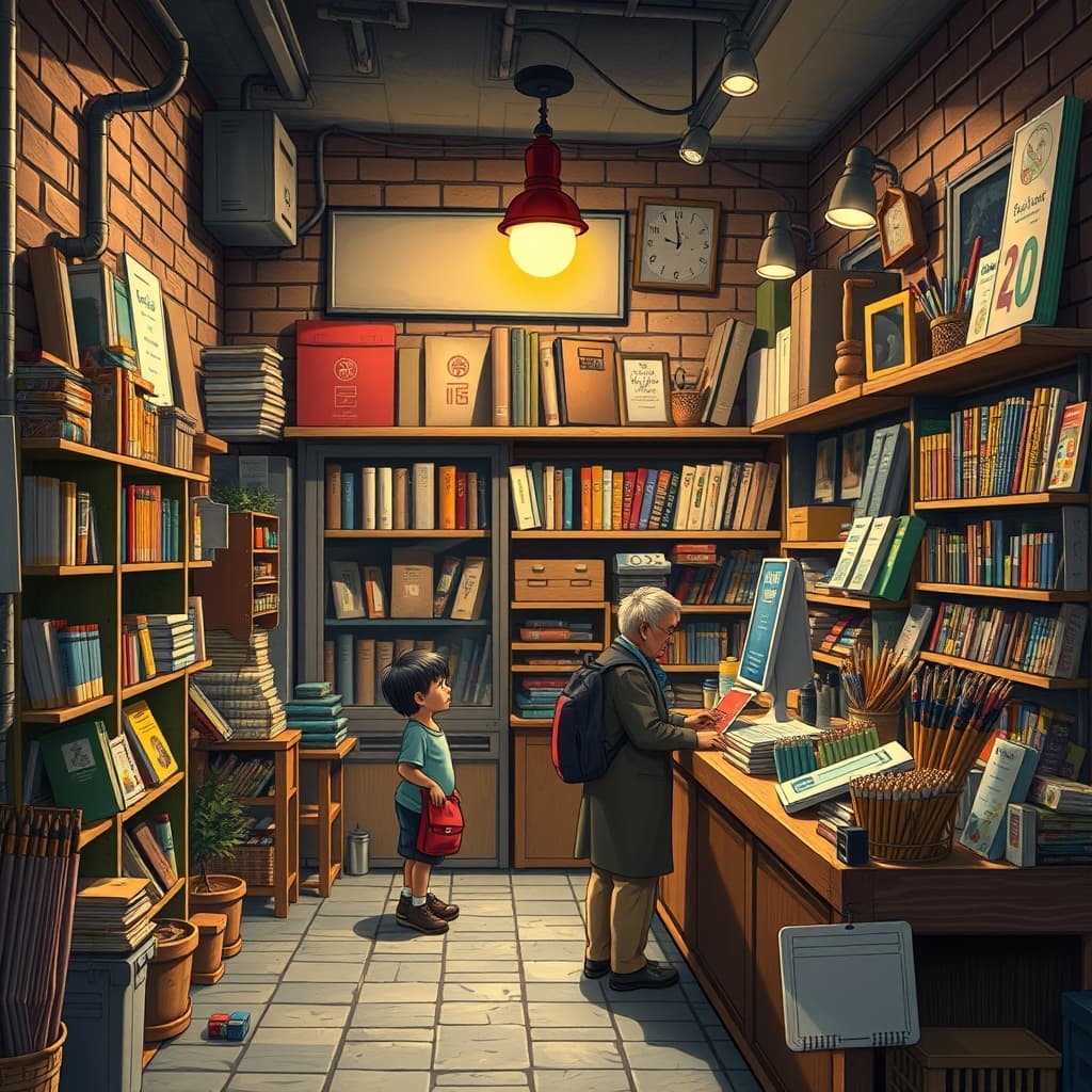 Corner stationery shop with school supplies in an old neighborhood