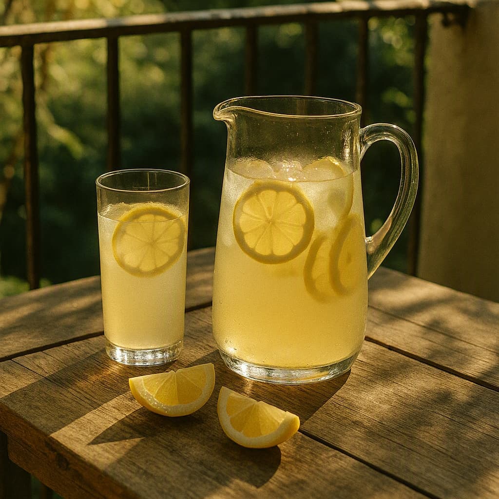 Homemade lemonade in a glass pitcher on a nostalgic balcony table